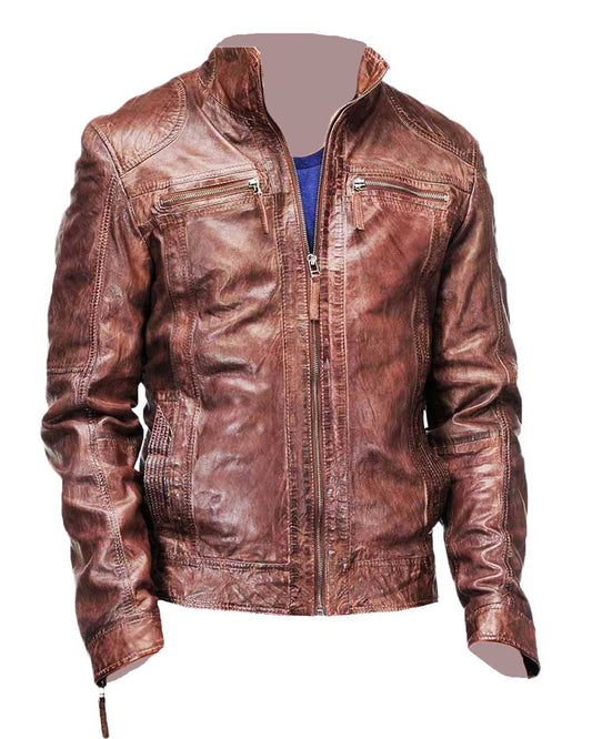 Men's Biker Coffee Brown Distressed Leather Jacket