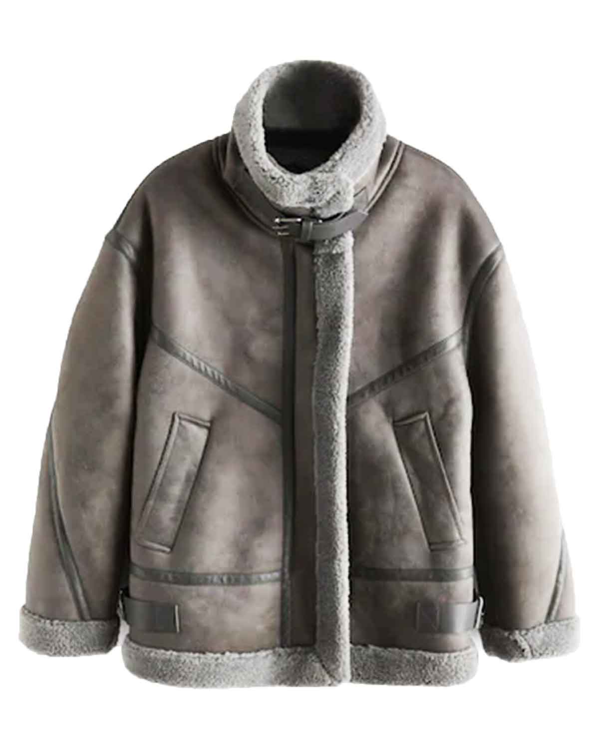 Grey Faux Suede Longline Aviator Jacket
