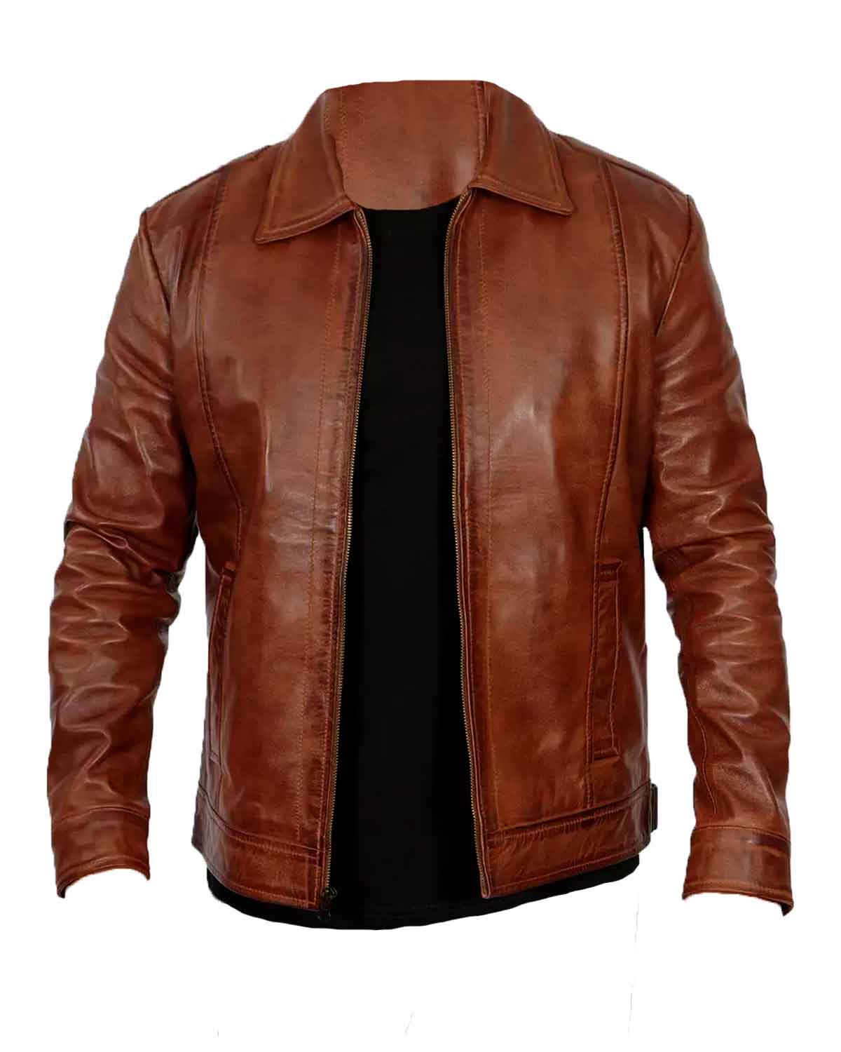 Men’s Shirt Collar Brown Racer Leather Jacket