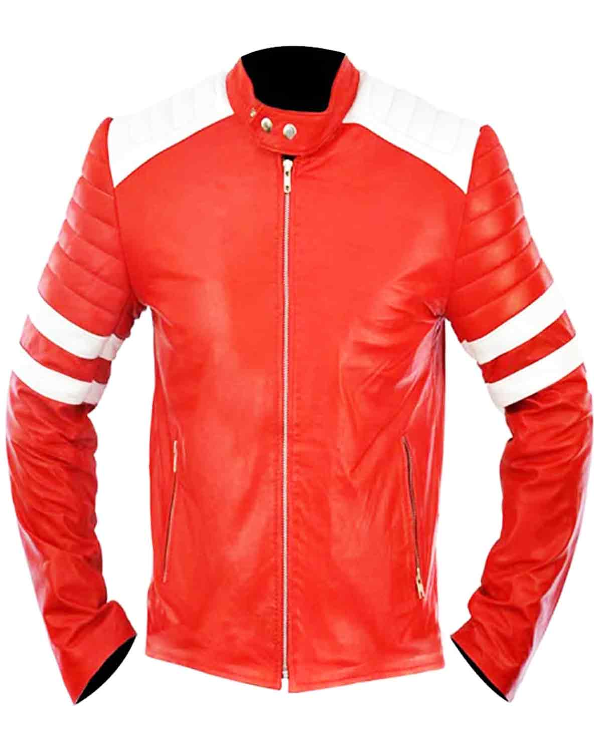 Fight Club Brad Pitt Red and White Leather Jacket