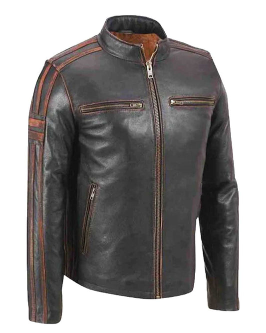 Men's Brown Stripe Café Racer Leather Jacket