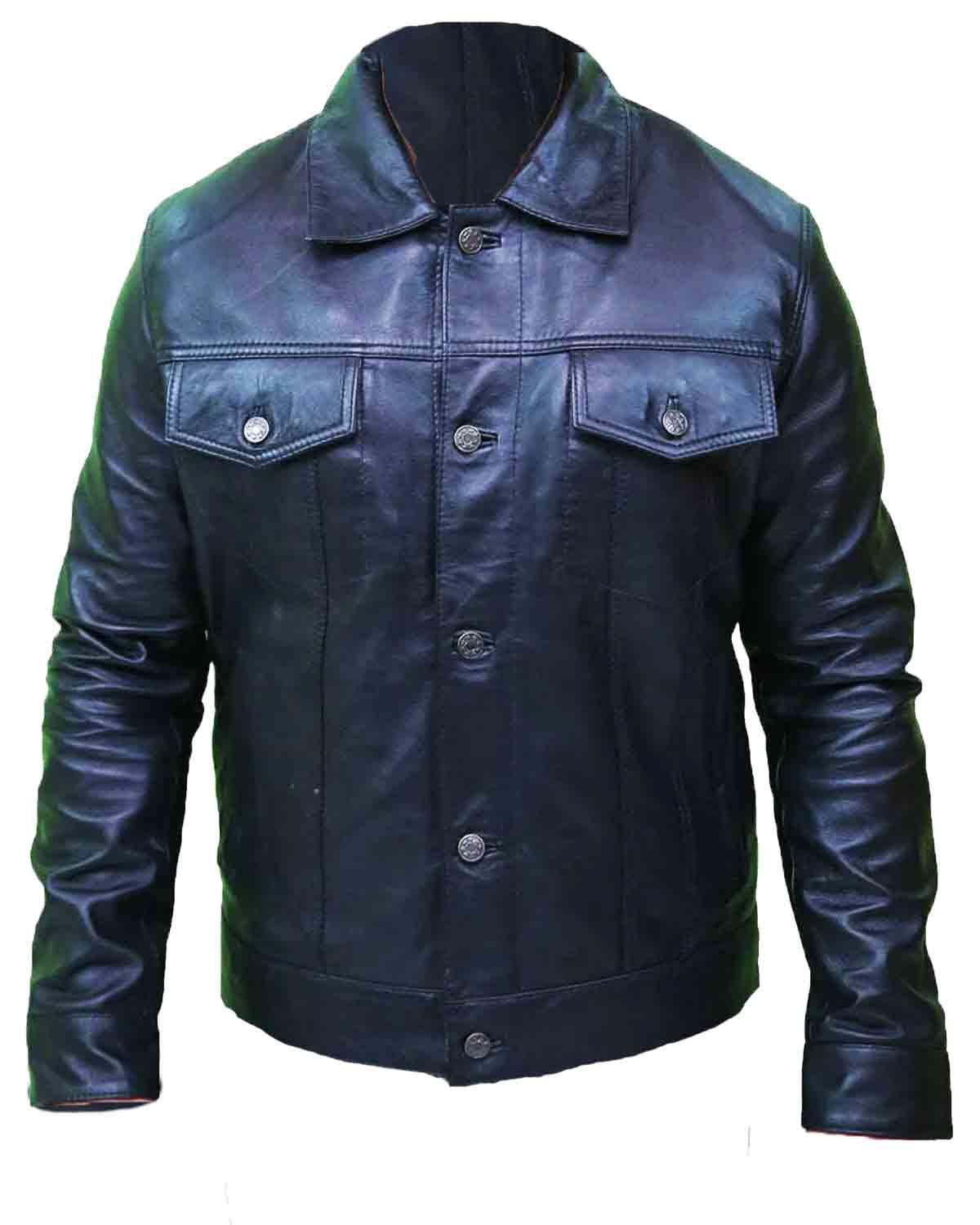 Men's Vintage Black Leather Trucker Jacket