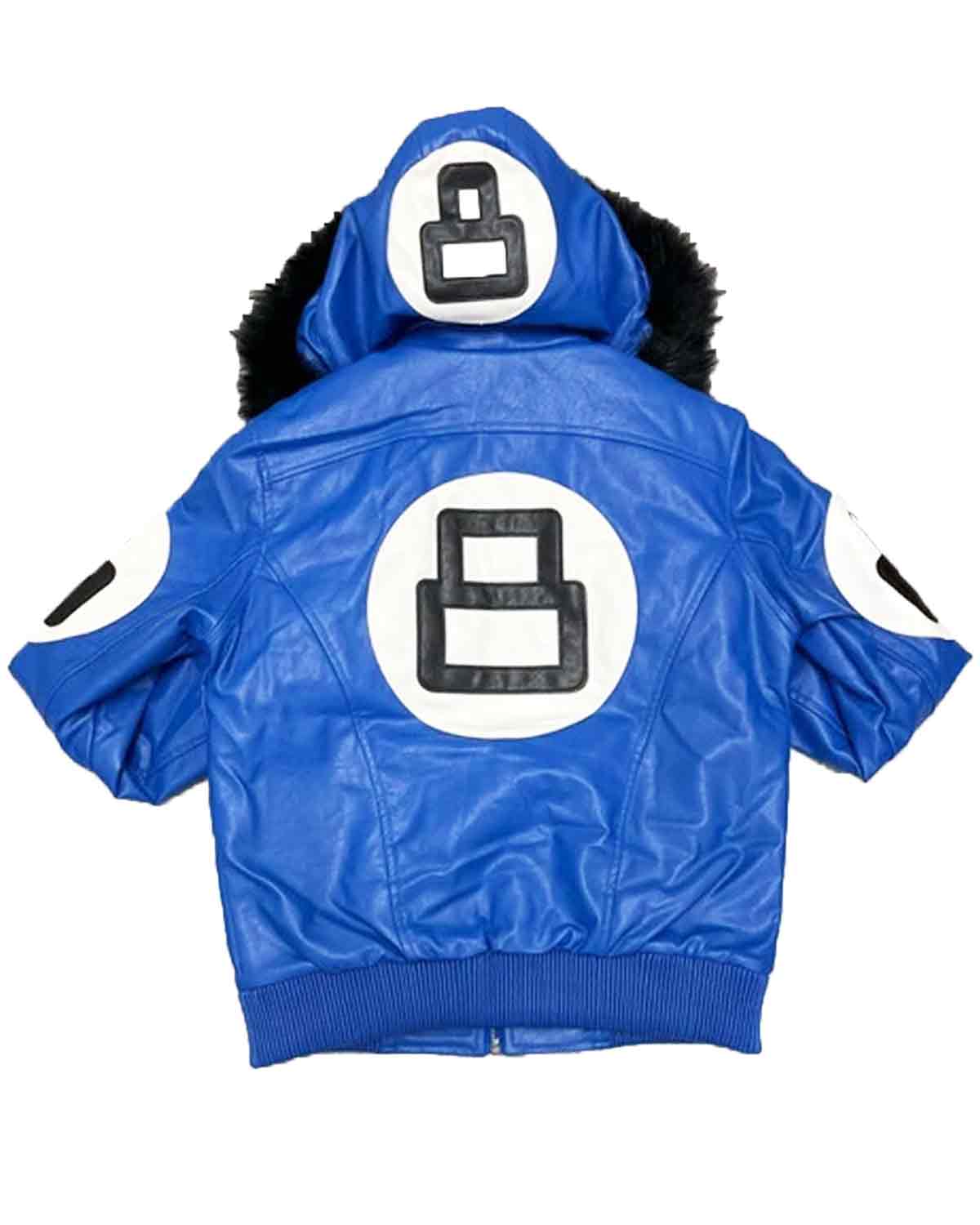 8 Ball Logo Fur Hooded Sheepskin Blue Men's Jacket