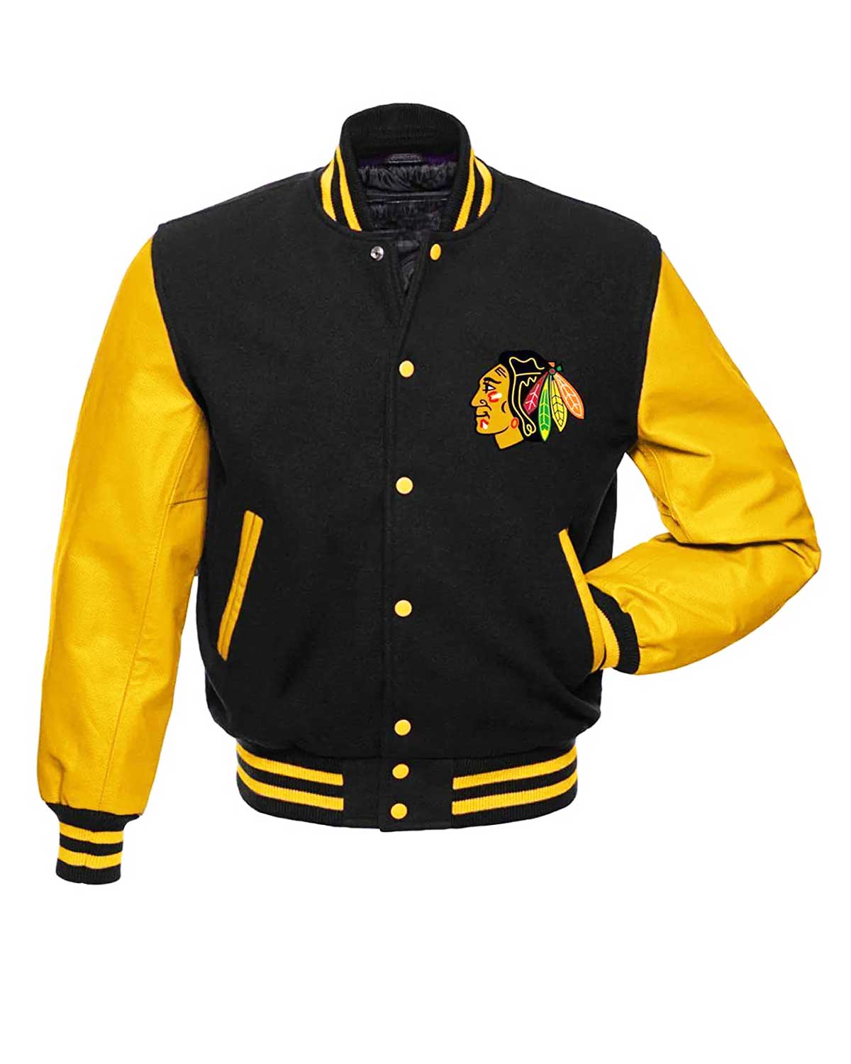 Chicago Blackhawks NHL Black and Yellow Varsity Jacket