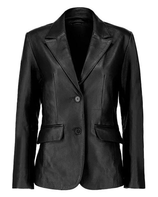 Women's Two Buttoned Black Leather Blazer