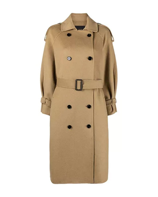 Women's Beige Double Breasted Wool Trench Coat