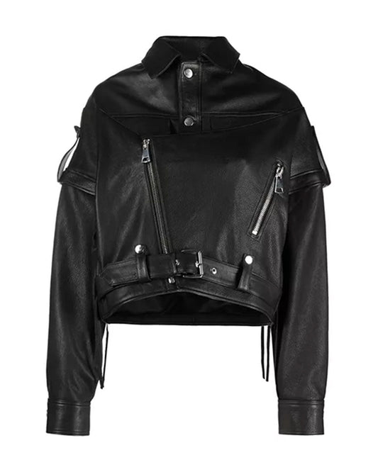 Women's Black cropped leather Biker Jacket