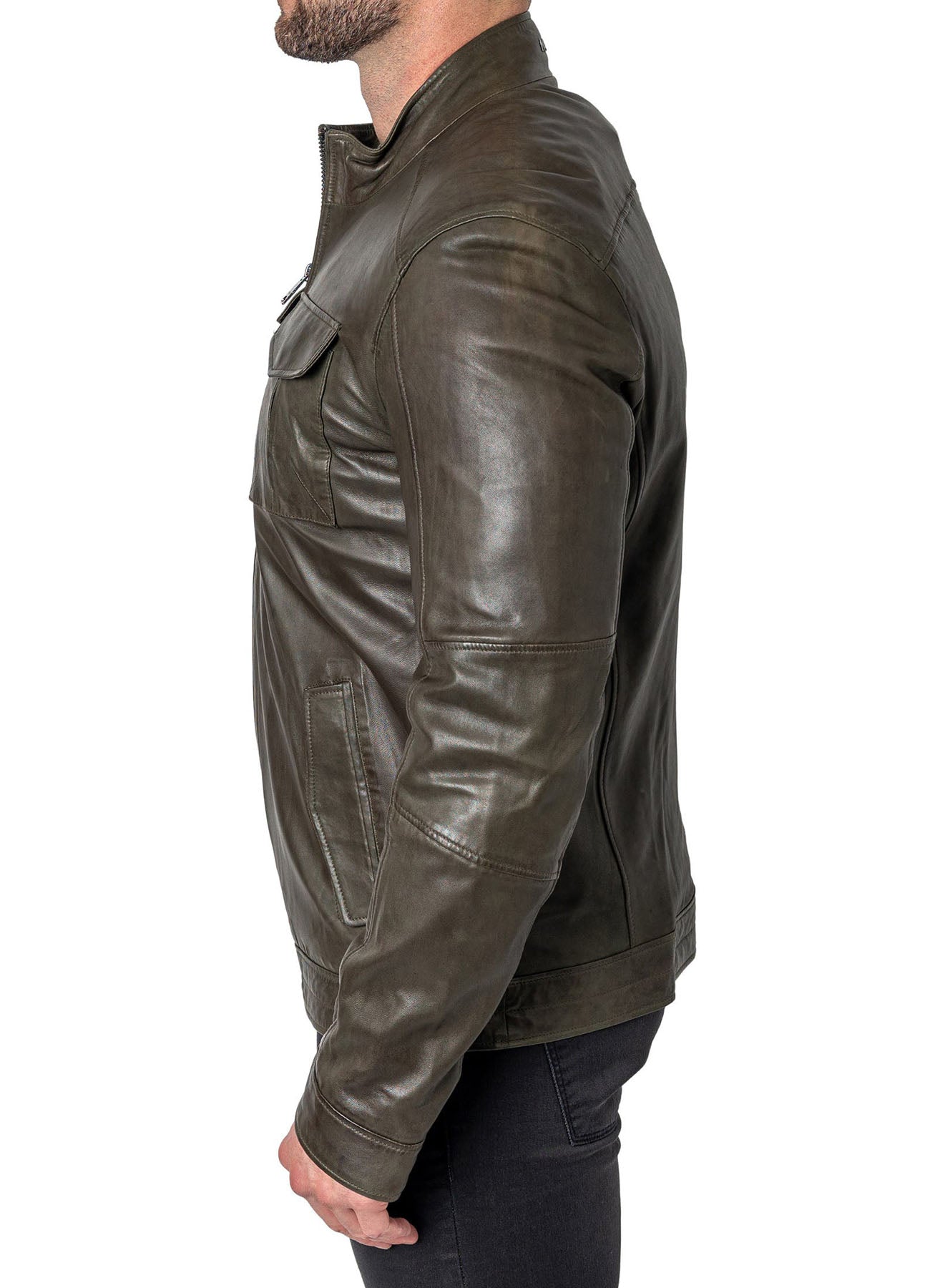 Men's Military Style Olive Green Leather Jacket