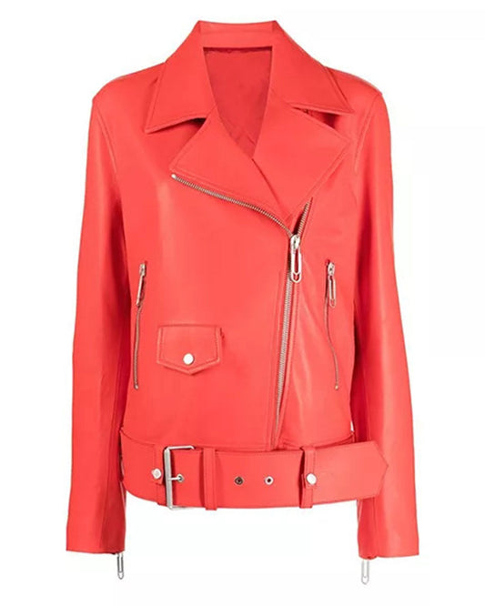Women's Red Leather Biker Jacket
