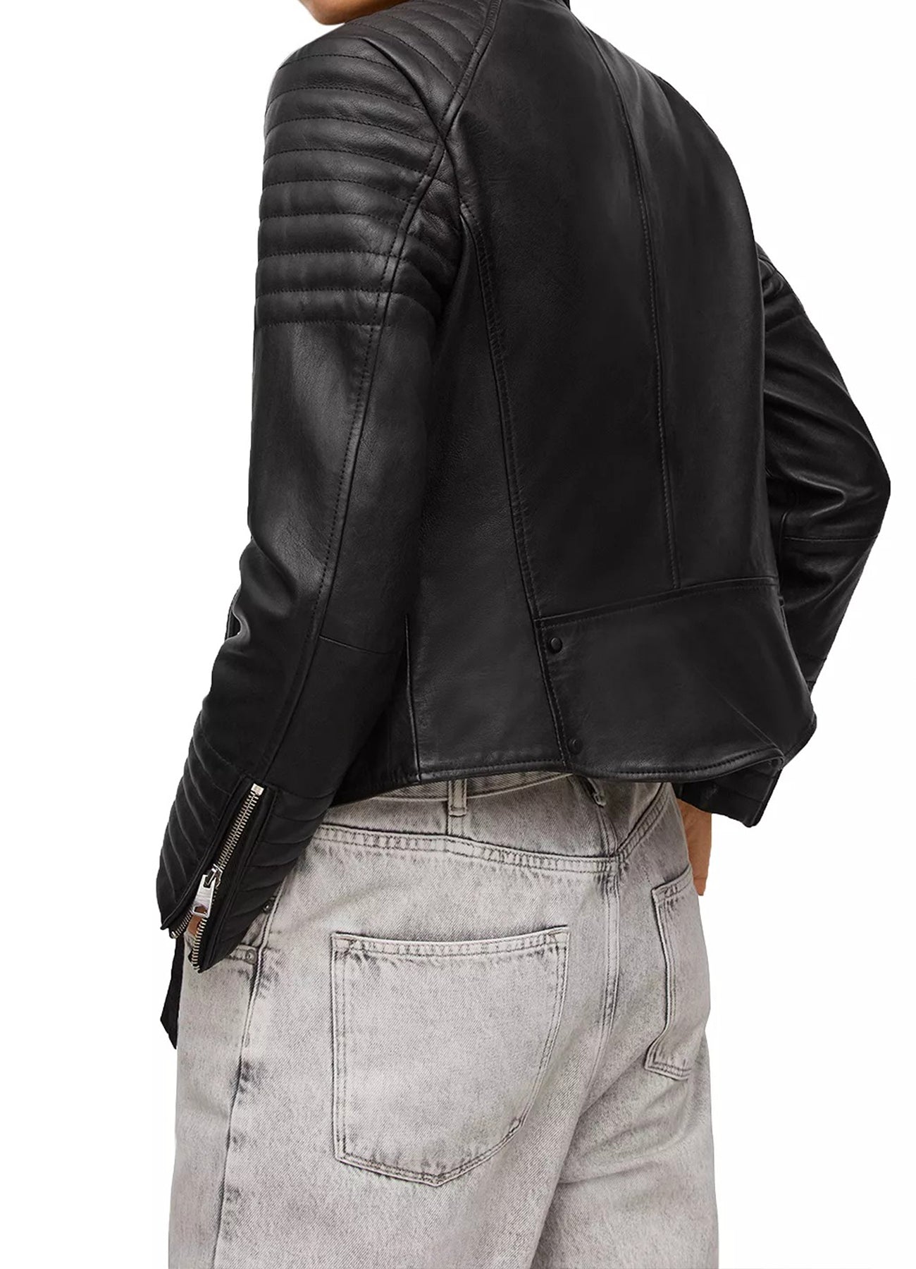 Women's Quilted Sleeves Black Biker Leather Jacket