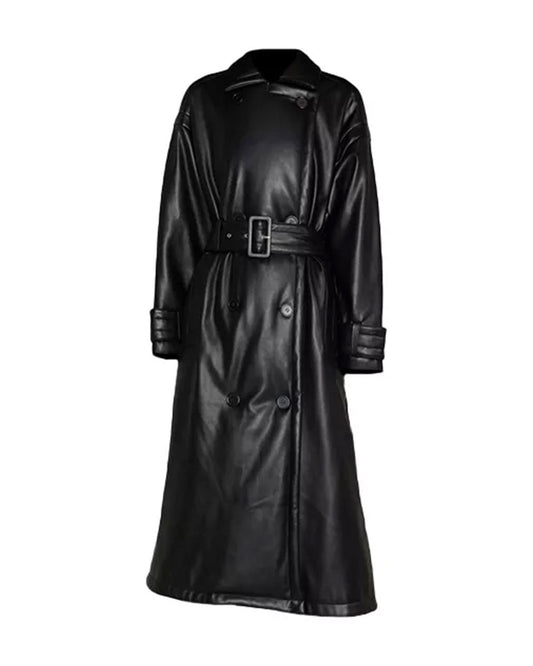 Women's Black Leather Trench Coat Double Breasted