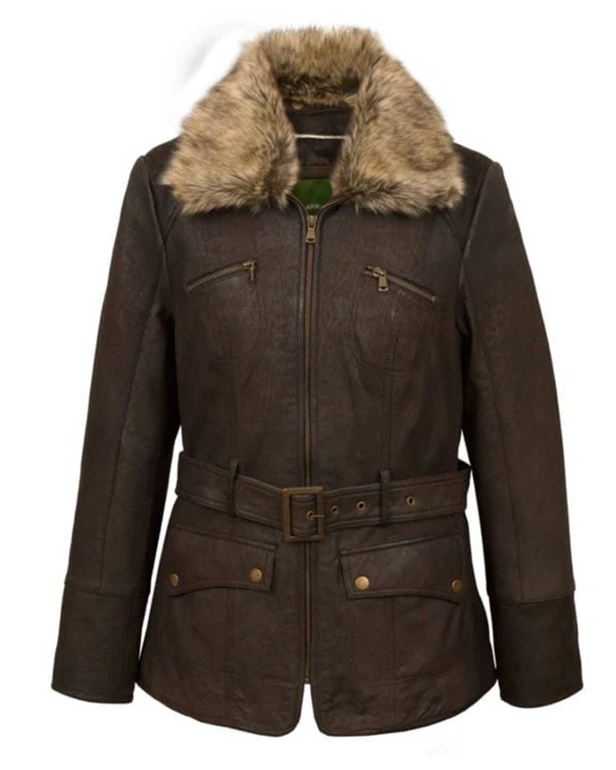 Female Brown Leather Jacket With Fur Collar Women’s