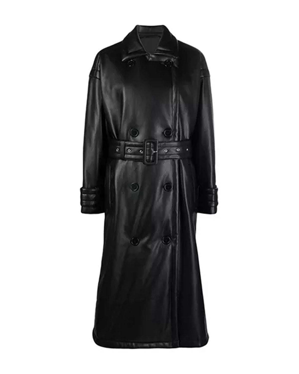 Women's Black Leather Trench Coat Double Breasted