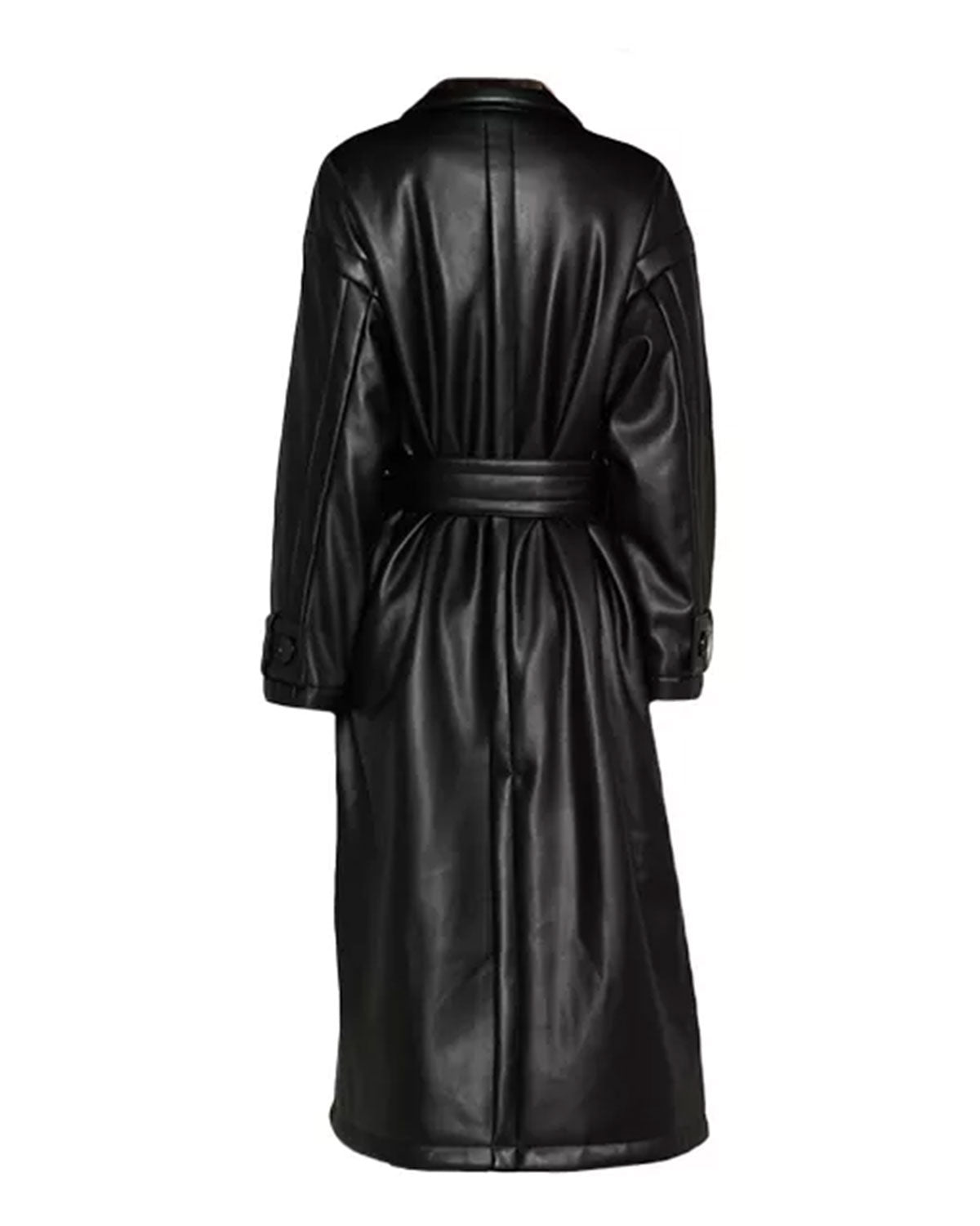 Women's Black Leather Trench Coat Double Breasted