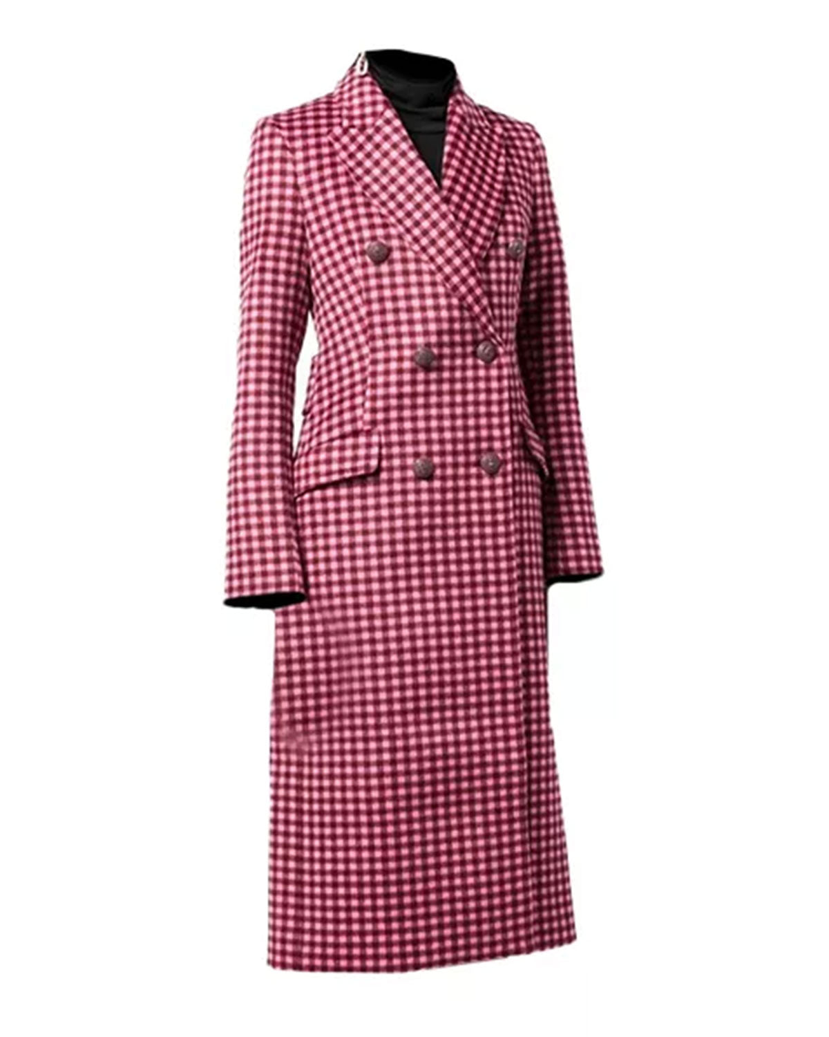 Women's Pink Plaid Wool Coat