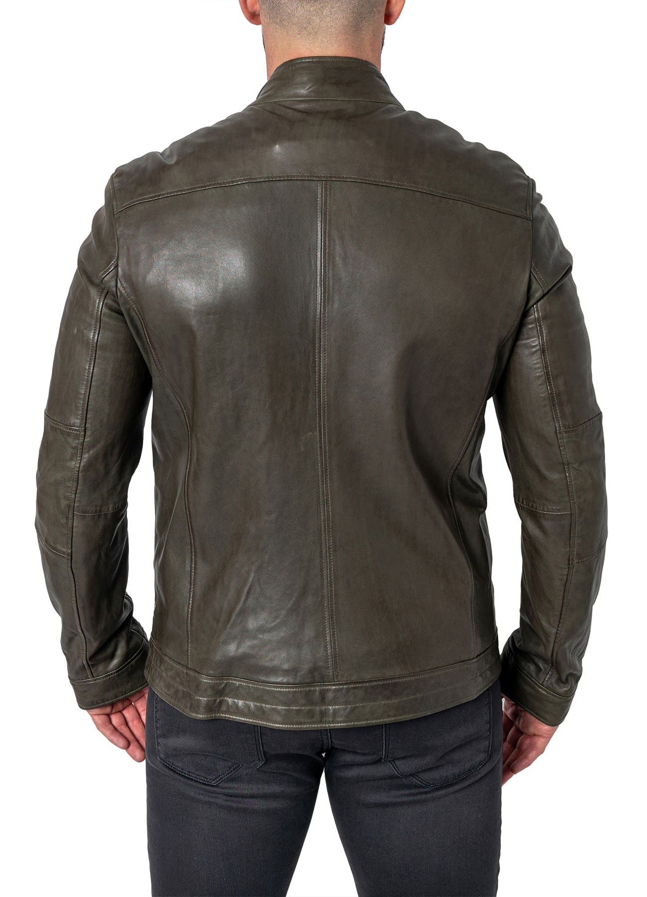 Men's Military Style Olive Green Leather Jacket