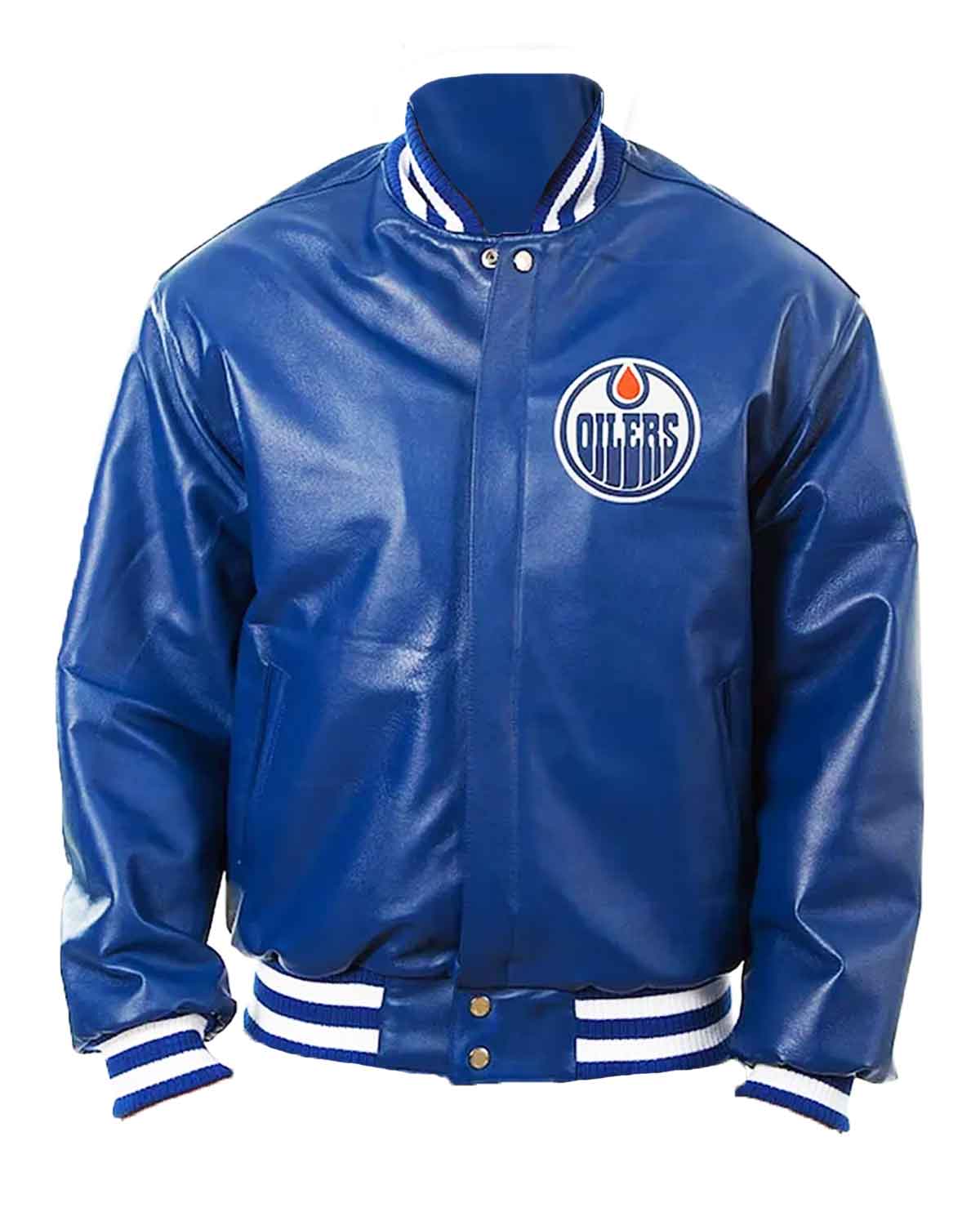 Edmonton Oilers Royal Blue Bomber Leather Jacket