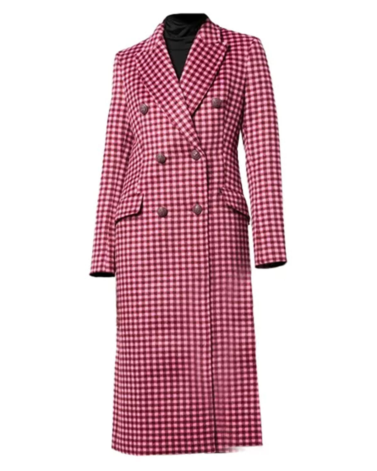 Women's Pink Plaid Wool Coat