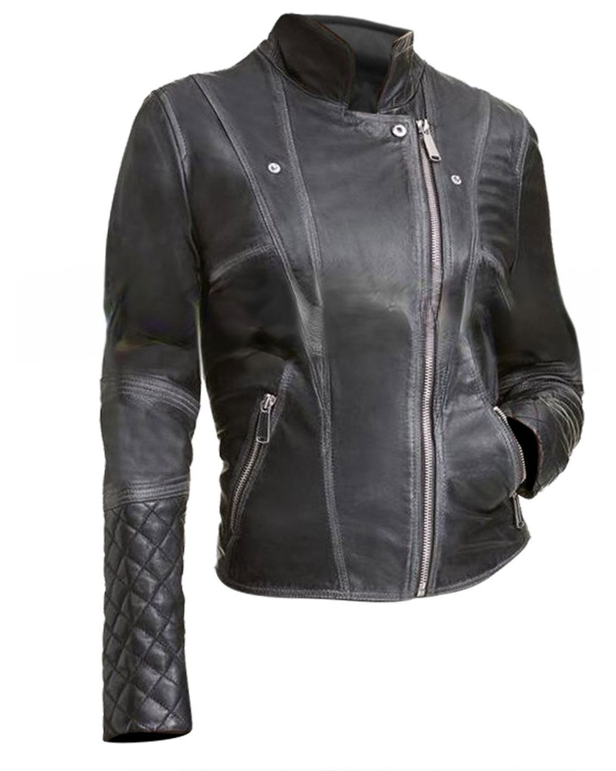 Women's Black Leather Biker Jacket Quilted and Slim Fit