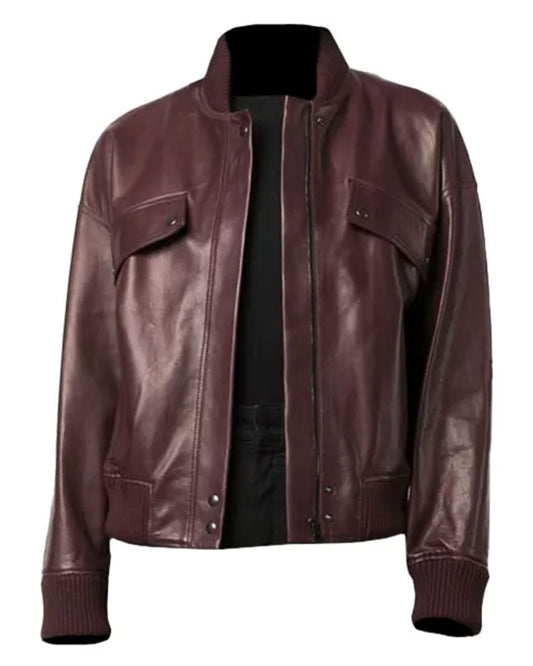 Women's Maroon Leather Bomber Jacket