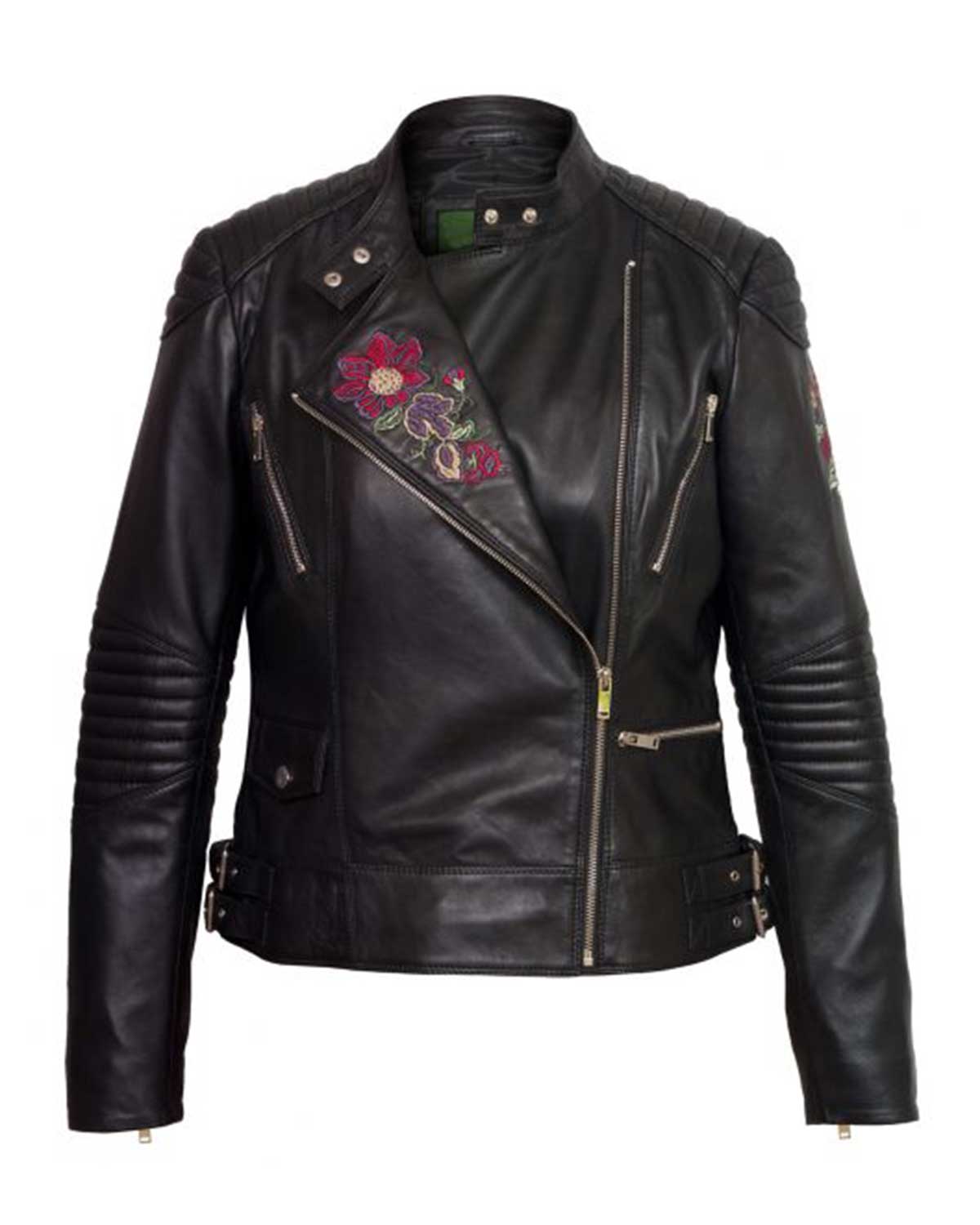 Black Embroidered Biker Women’s Leather Jacket