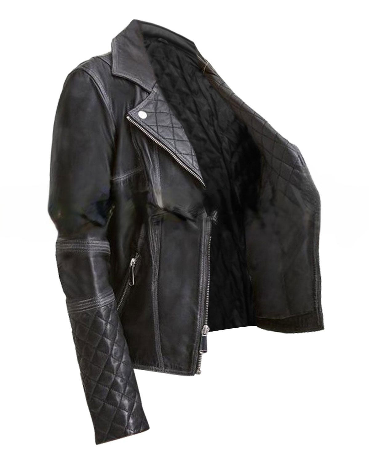 Women's Black Leather Biker Jacket Quilted and Slim Fit