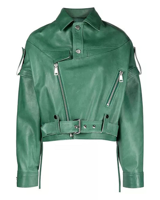 Women's Green Leather Biker Jacket