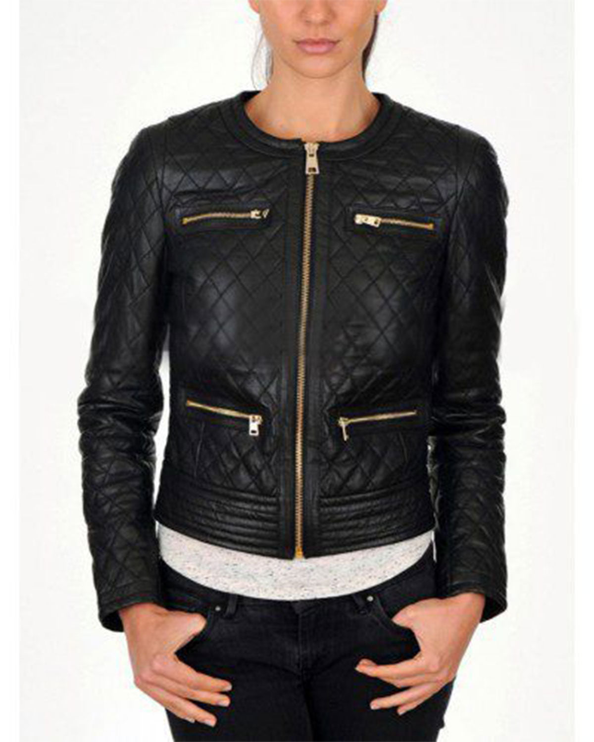 Women Slim Fit Black Quilted Biker Jacket