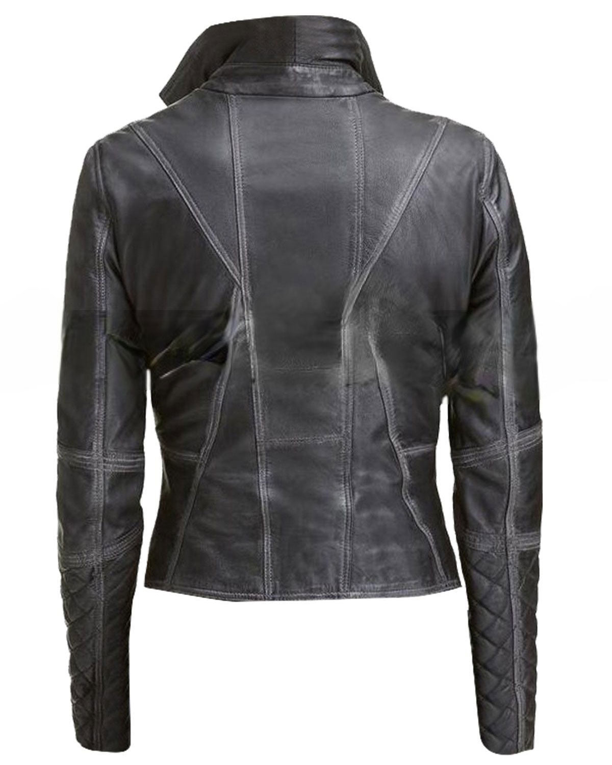 Women's Black Leather Biker Jacket Quilted and Slim Fit