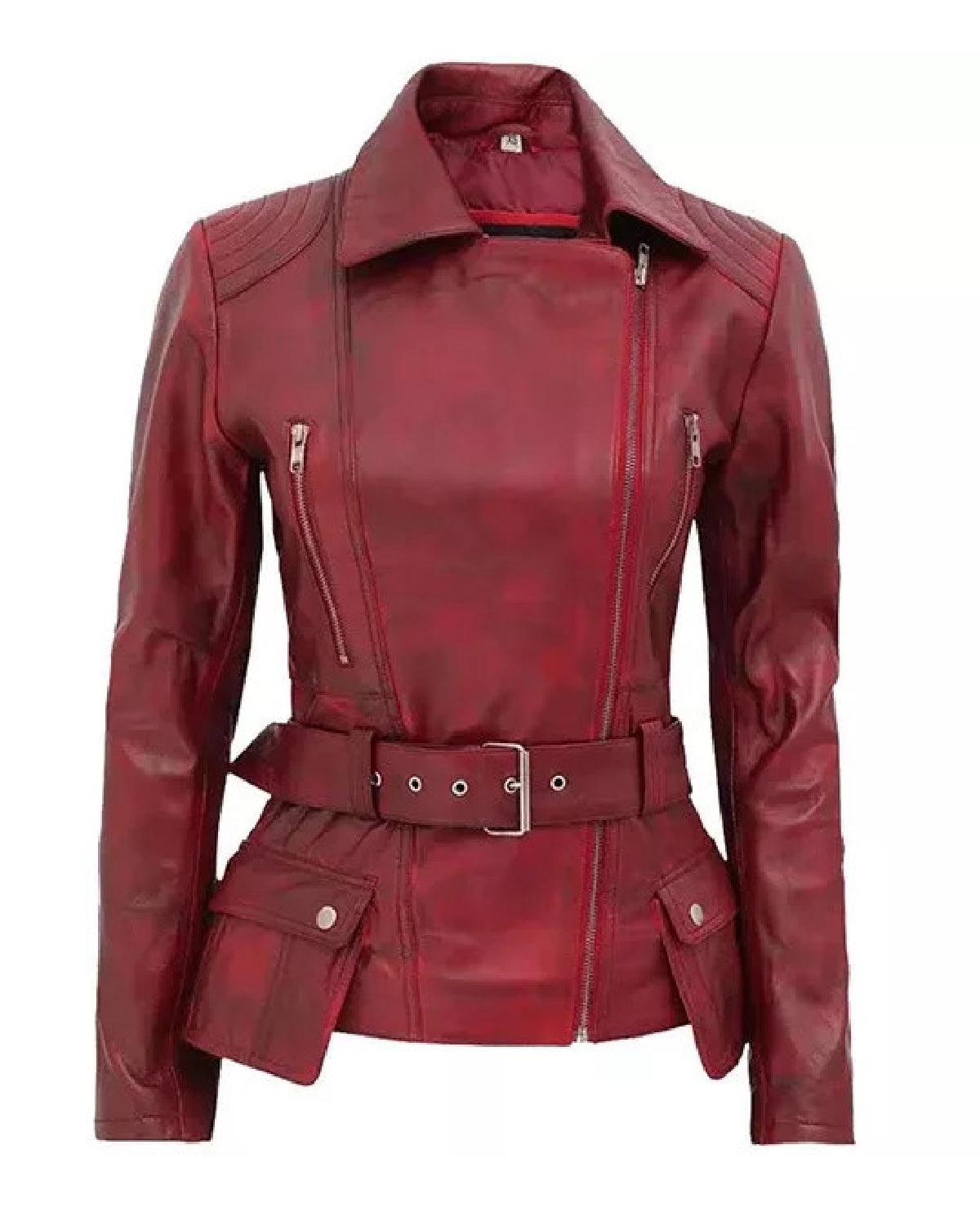 Women’s Maroon Belted Moto Leather Jacket