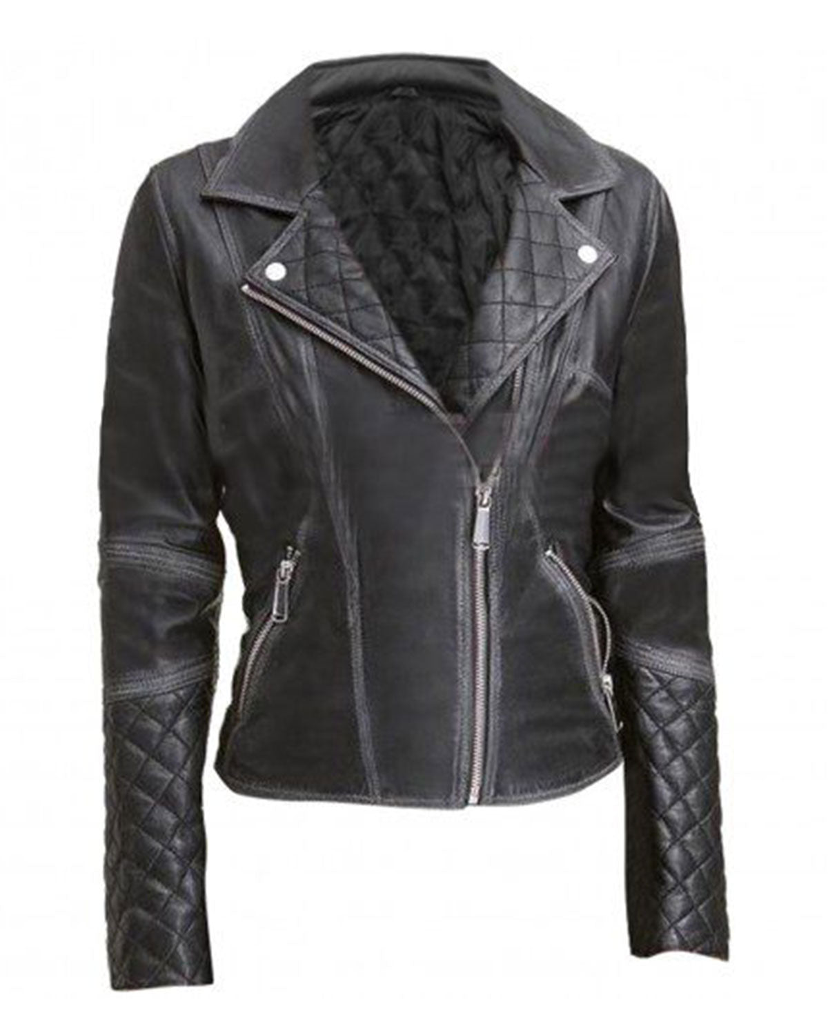 Women's Black Leather Biker Jacket Quilted and Slim Fit