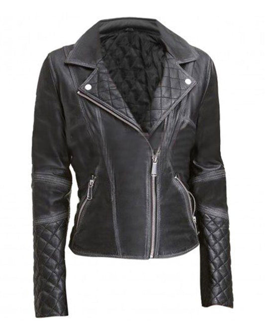 Women's Black Leather Biker Jacket Quilted and Slim Fit