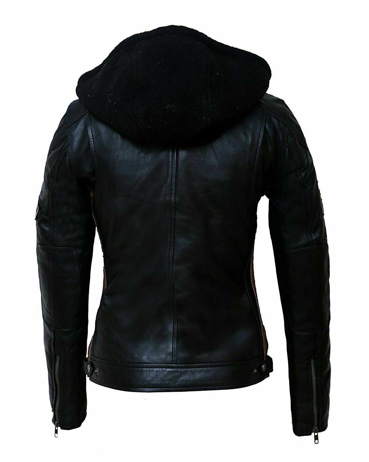 Women Motorcycle Slim Fit Vintage Black Biker Hoodie Leather Jacket in Georgia
