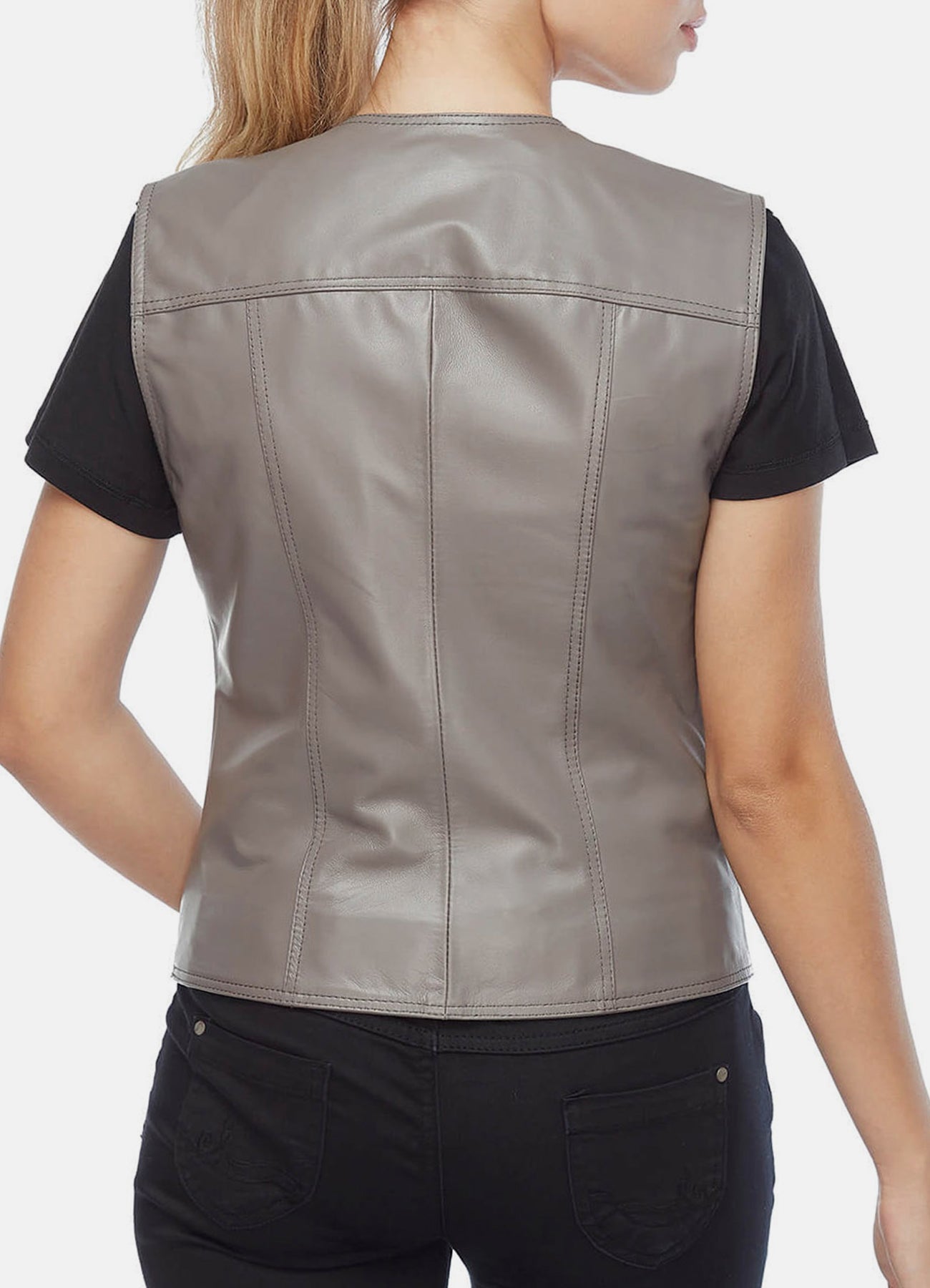Women's Solid Grey Biker Leather Vest