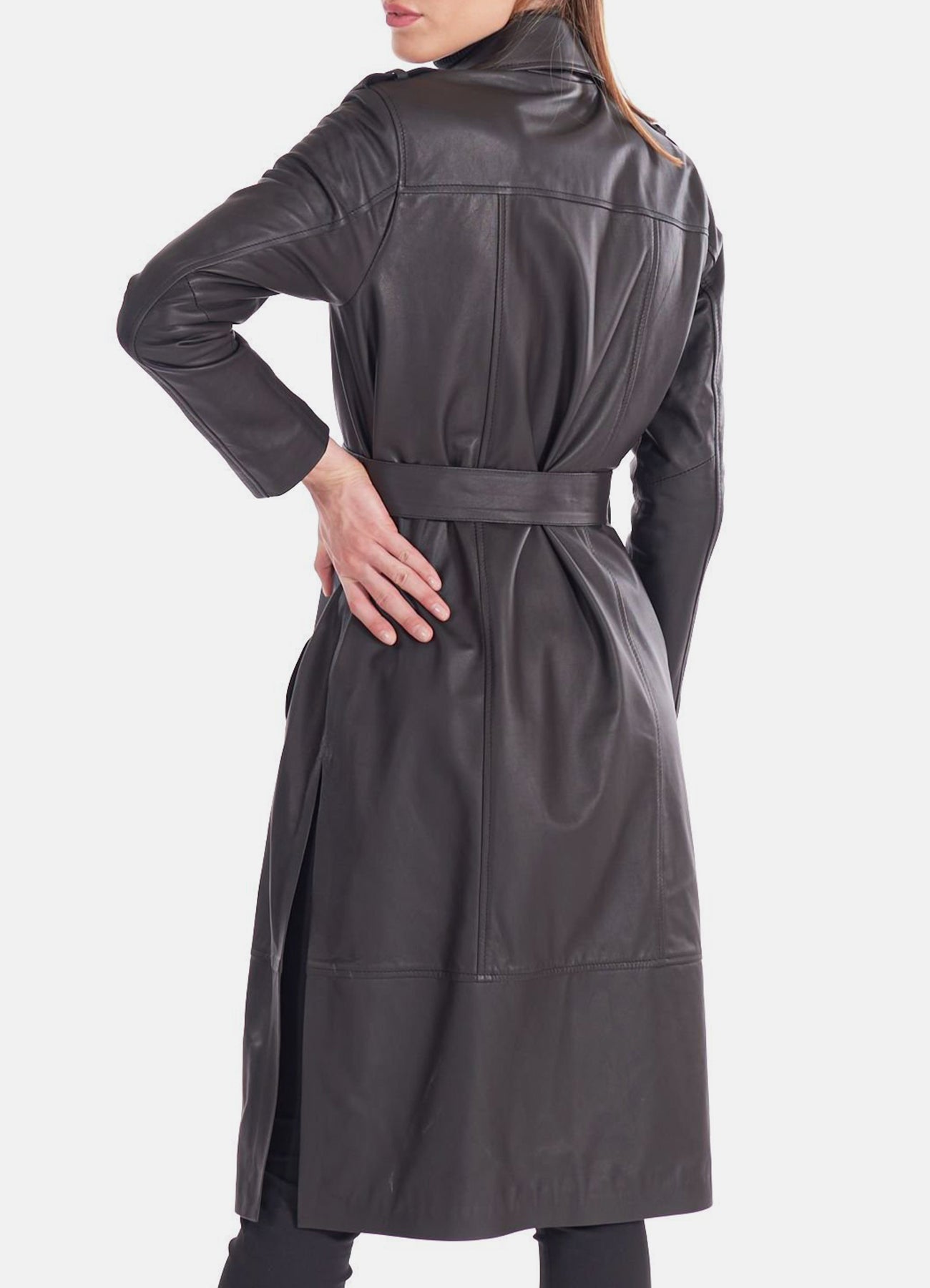 Women's Midnight Black Long Leather Coat