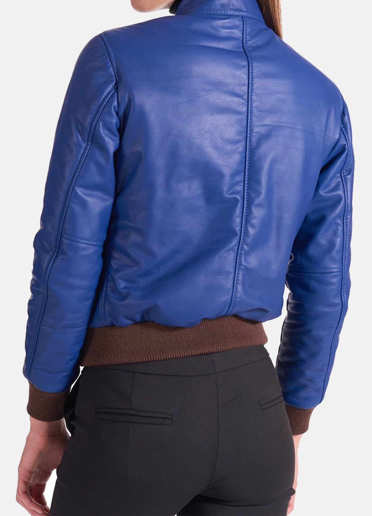 Women's Classic Blue Leather Bomber Jacket