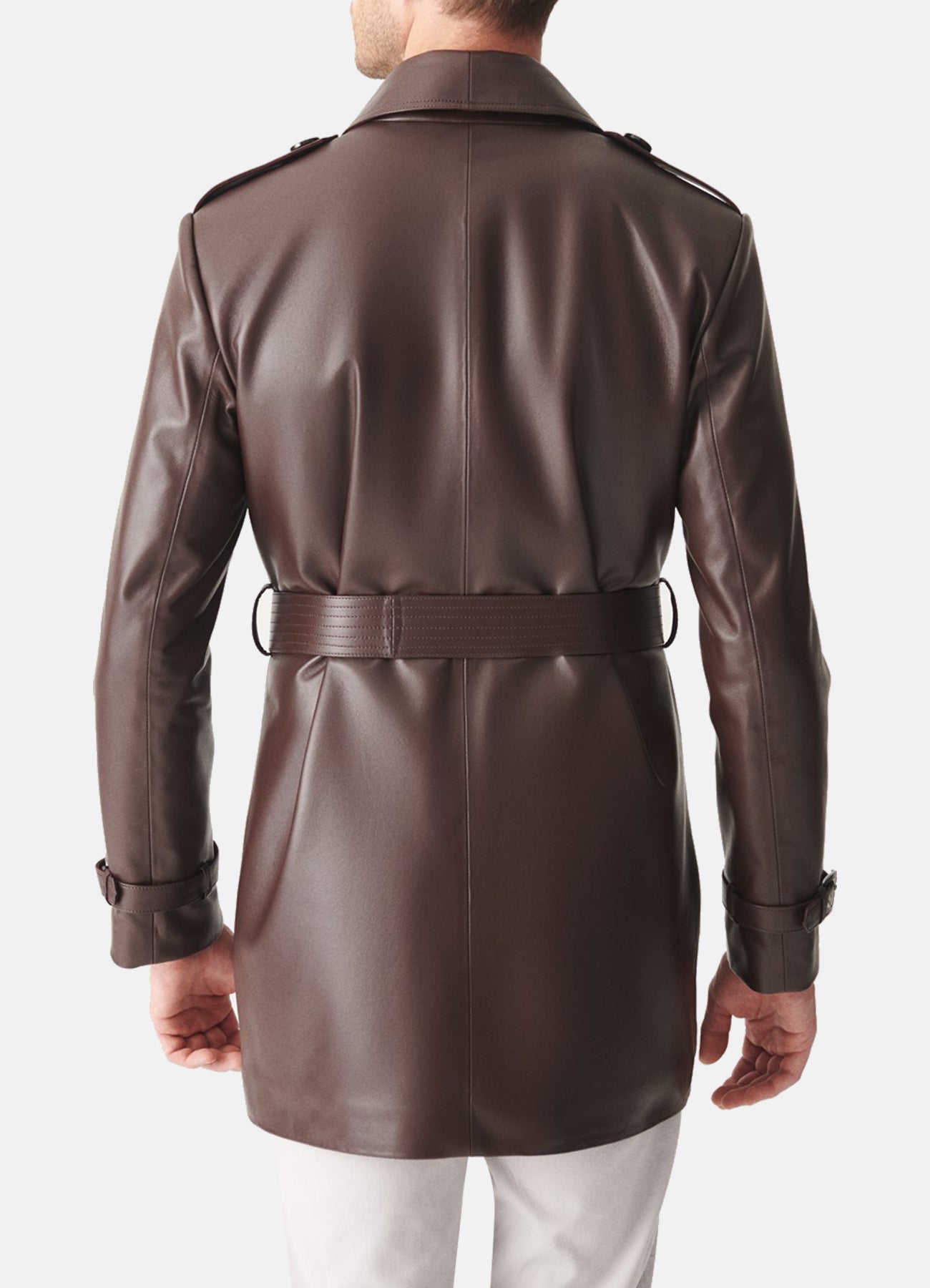Men's Shiny Brown Mid-Length Leather Coat