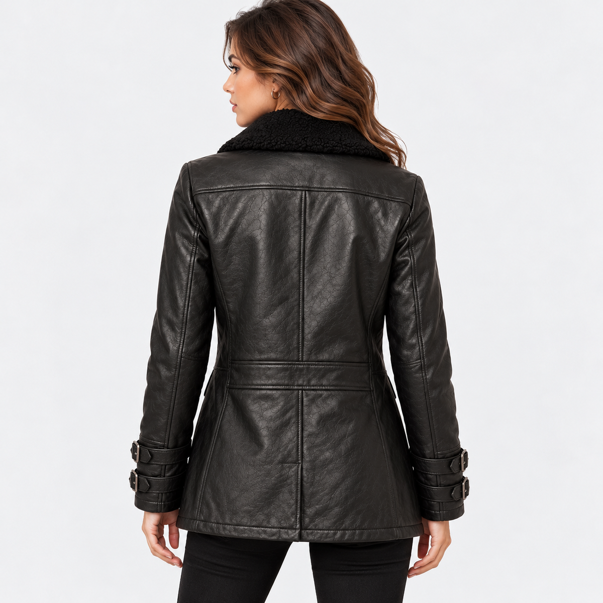 Women's Black Shearling Collar Leather Coat