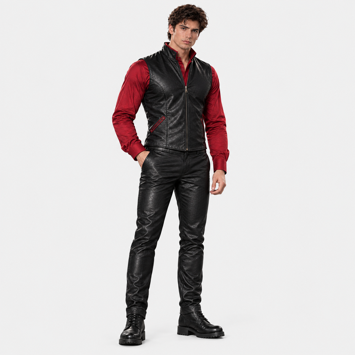 Gothic Vampire Couple Costume – Black & Red Leather Outfit
