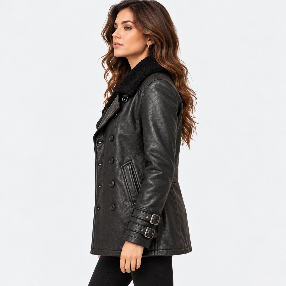 Women's Black Shearling Collar Leather Coat