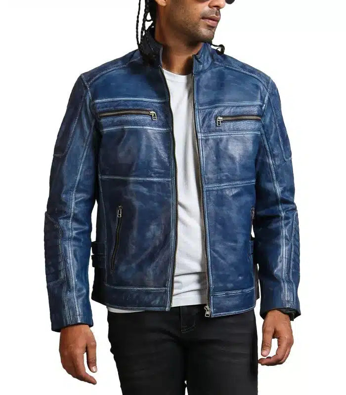 Blue Cafe Racer Men's Vintage Biker Leather Jacket