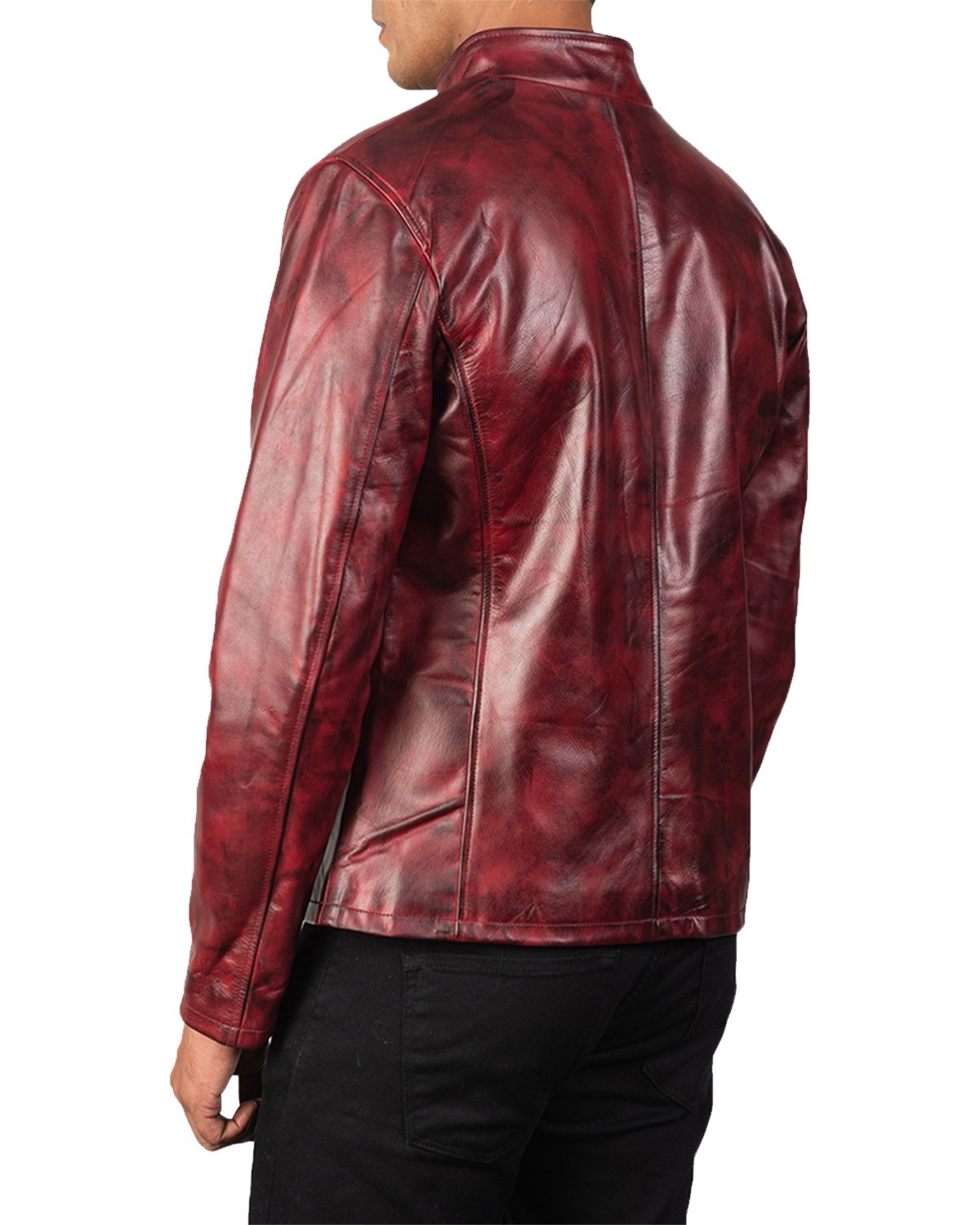 Men's Distressed Burgundy Biker Leather Jacket