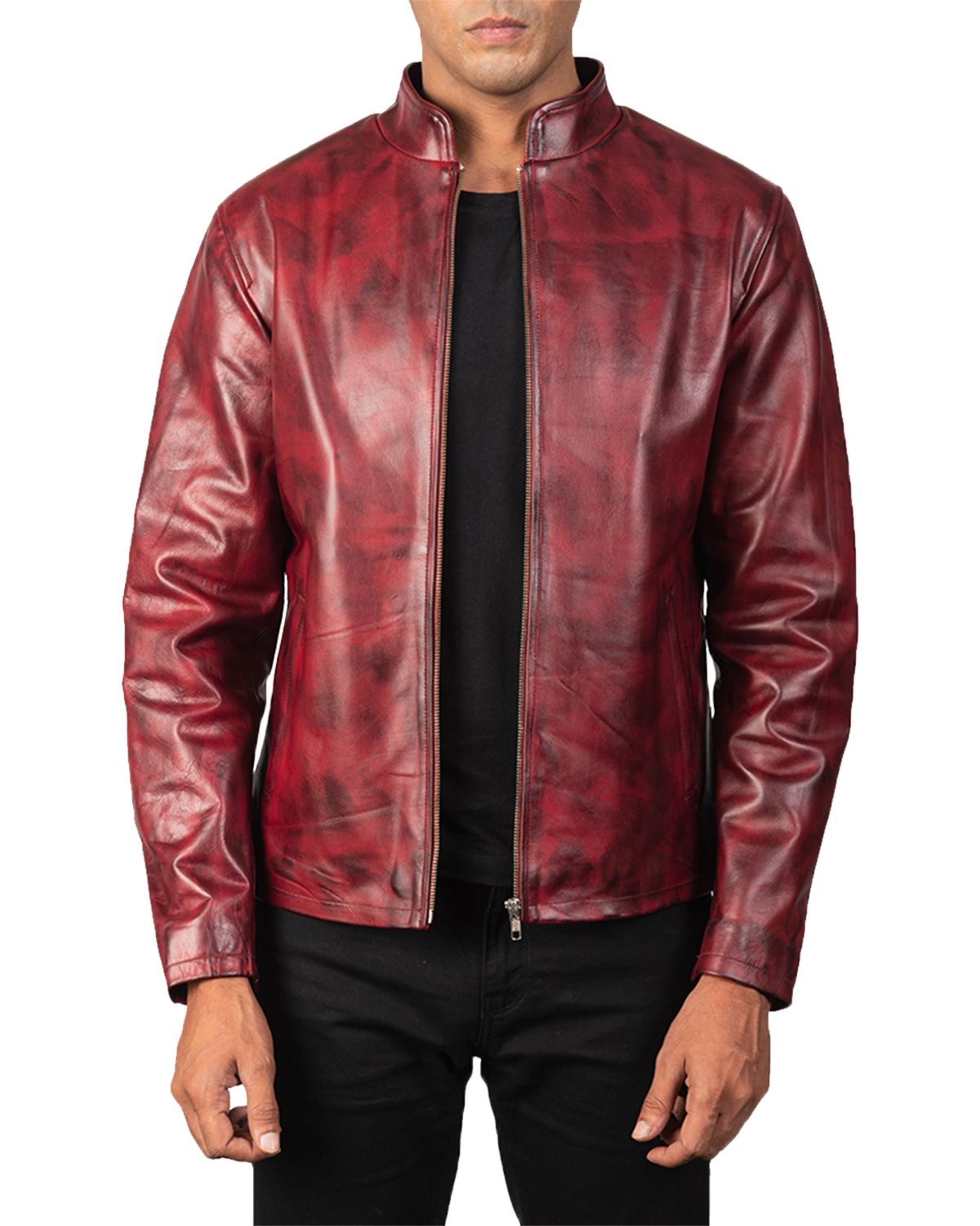 Men's Distressed Burgundy Biker Leather Jacket