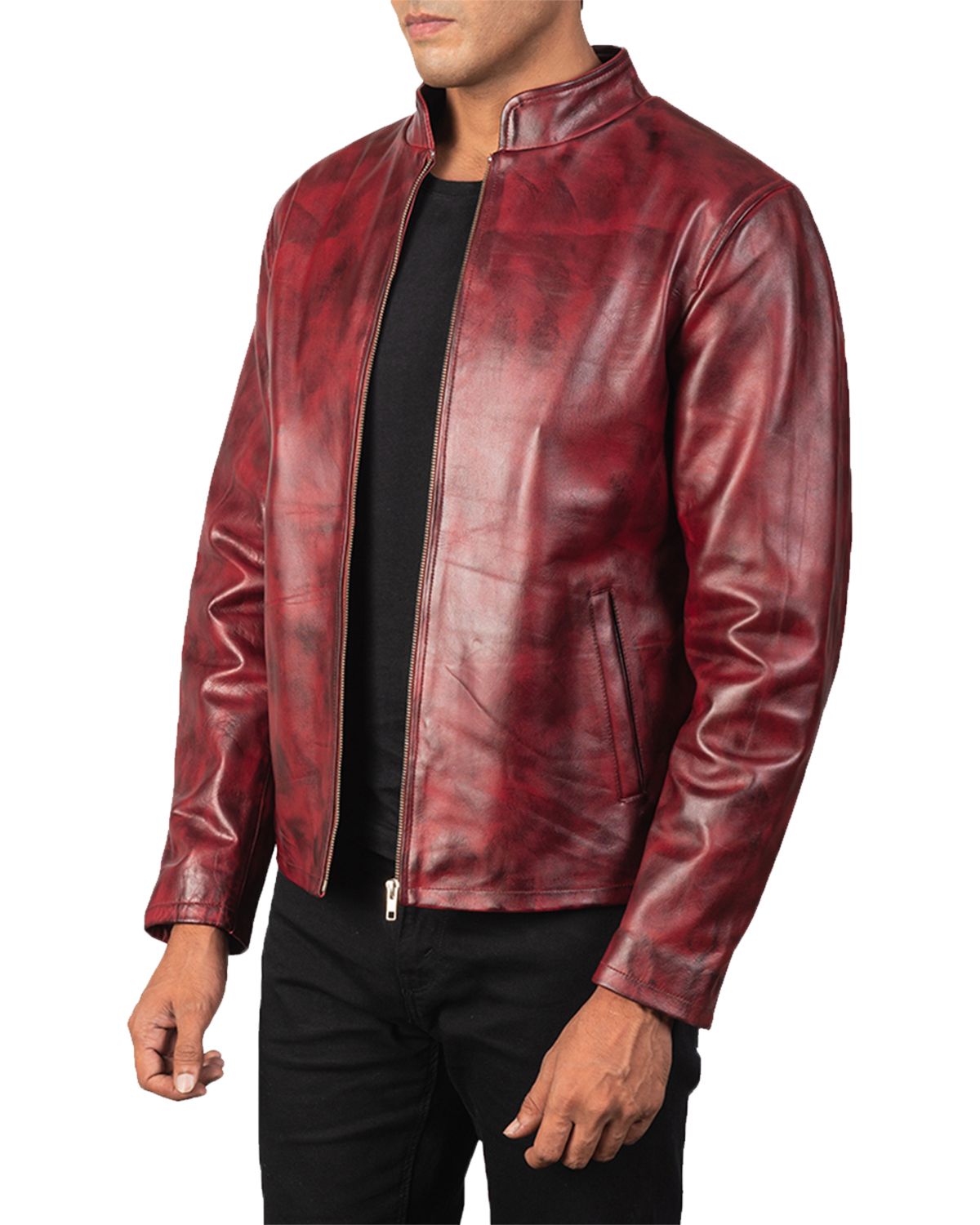 Men's Distressed Burgundy Biker Leather Jacket