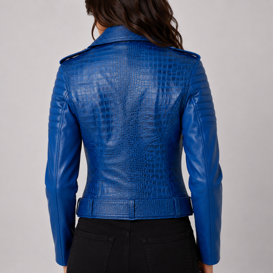 Cobalt Crocodile Embosed Leather Jacket for Women