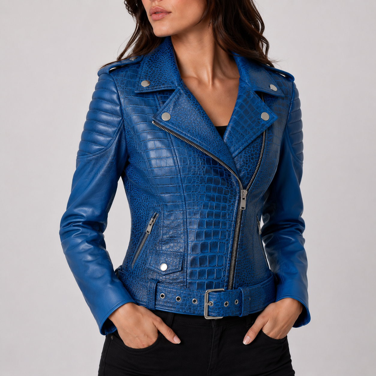 Cobalt Crocodile Leather Biker Jacket for Women | Holloway Outfitters