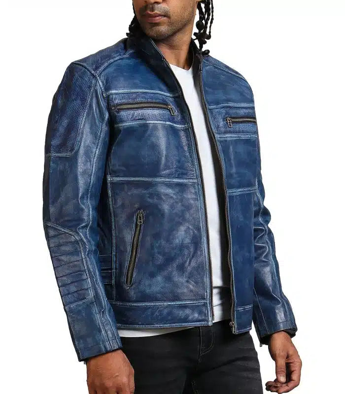 Blue Cafe Racer Men's Vintage Biker Leather Jacket