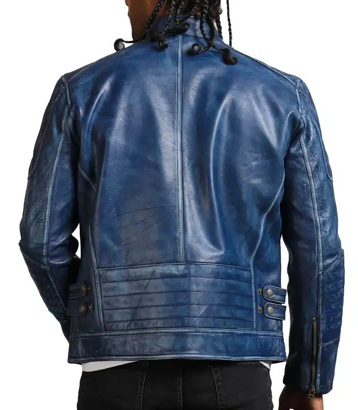 Blue Cafe Racer Men's Vintage Biker Leather Jacket