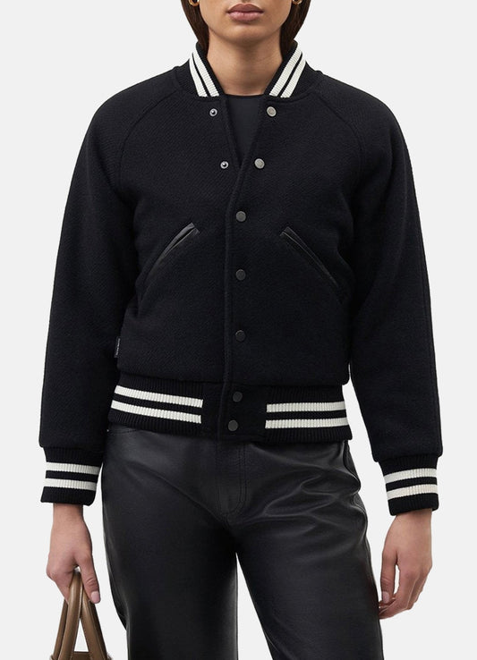 Women's Deep Black Wool Varsity Jacket