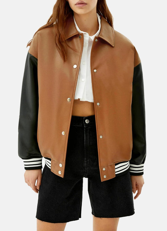 Women's Chocolate Brown Varsity Leather Jacket